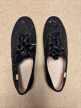 Keds x Kate Spade Champion Black Glitter Sneakers Satin Ribbon Laces